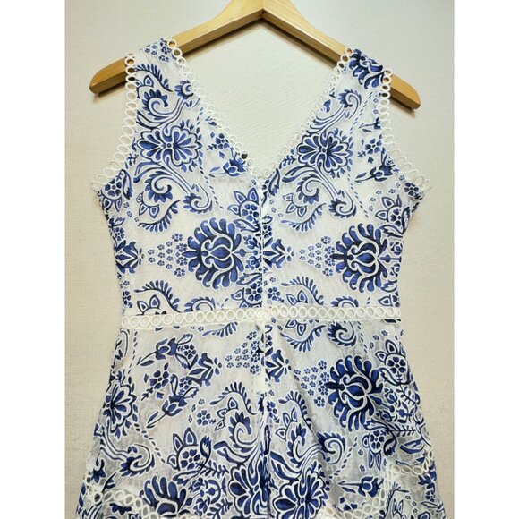 Taylor V-Neck Floral Printed Lace Midi Dress Womens 4 Blue White Sleeveless Chic - Picture 10 of 12